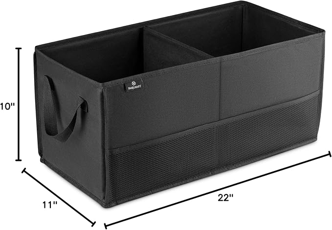 Handy Laundry Car Trunk Organizer – Large 2 Compartment Storage Bin with Non-Slip Fastener, Mesh Side Pockets & Heavy-Duty Handles, 22 x 10 x 11 in, Black – Prevents Shifting & Rolling