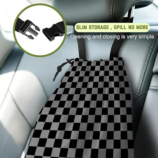Car Trash Bag Black Gray Checkered Hanging Drawstring Car Organizer and Storage Bag with Adjustable Buckle Canvas Garbage Bin for Back Seat or Hanging Headrest Car Decor Road Trip Essentials