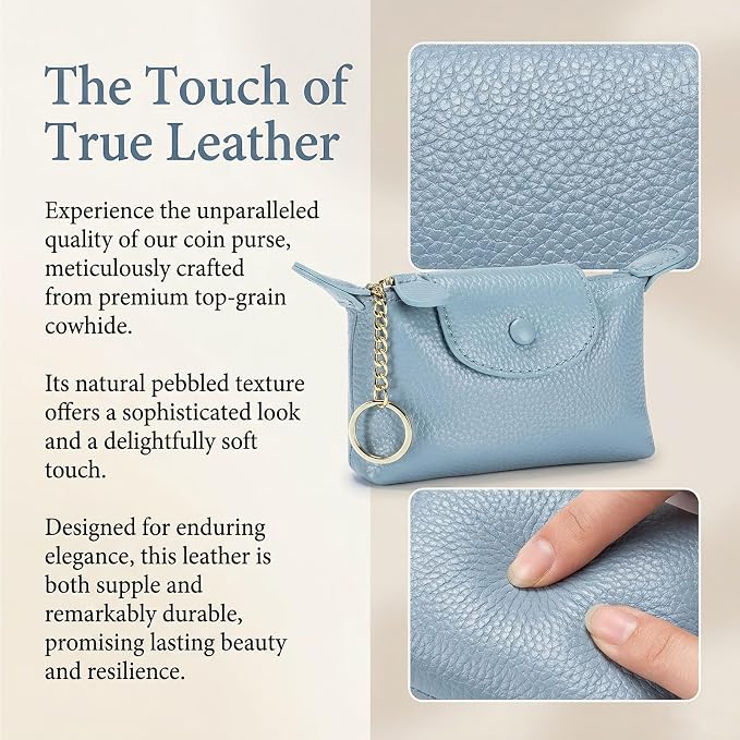 Women's Genuine Leather Mini Coin Purse and Wrist Bag - Coin Organizer, Change Holder, Card Case, Zipper Storage Bag in Water Blue