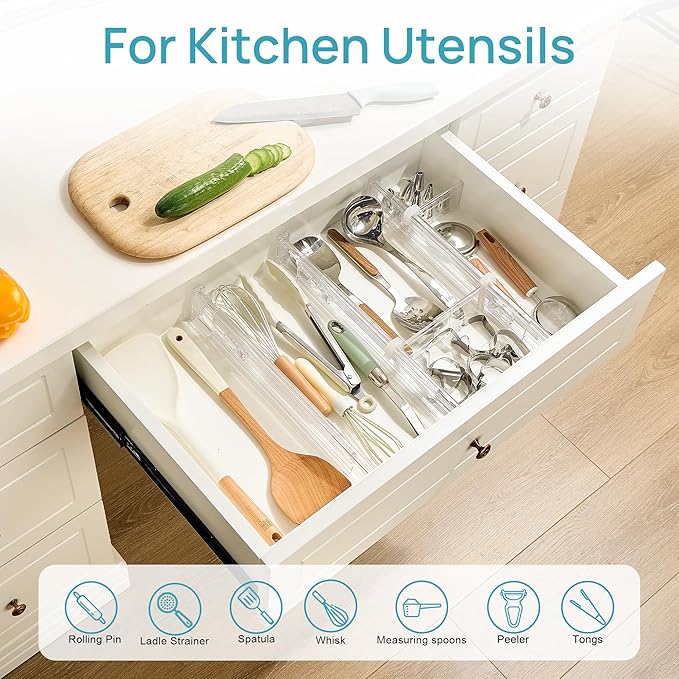 Vtopmart 2.36” Drawer Dividers with Expandable Inserts, 12.8"-22.3" Adjustable Kitchen Drawer Organizer, Clear Plastic Organizer Separator for Flatware, Utensil, Cutlery, 4 Dividers with 6 Inserts
