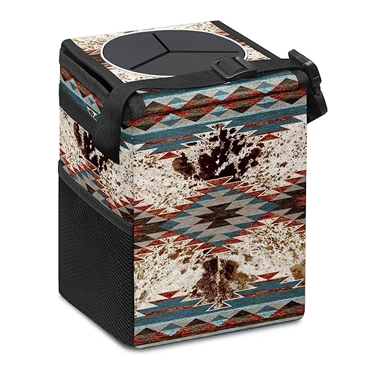 Car Trash Can with Lid Western Aztec Cow Print Collapsible Reusable Leak-Proof Auto Garage Bag,Hanging Vehicle Car Accessories Interior Car Organizer