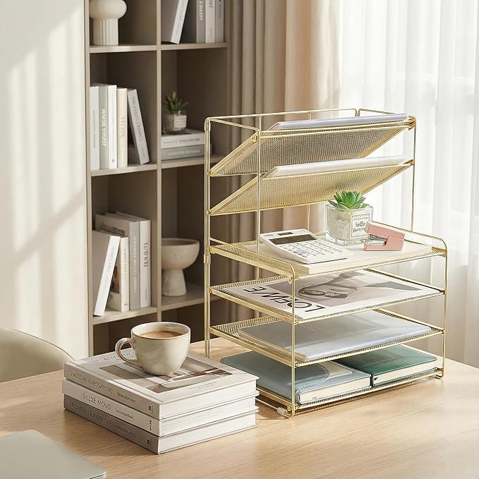 OPNICE Desk Organizer, 6-Tier Letter Tray Paper Organizer, Desktop File Organizer, Office Desk Accessories & Office Decor for Women, Workspace Organizer for Office Supplies(Gold)
