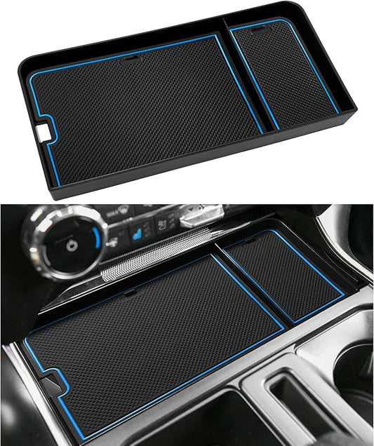 SENSHINE Center Console Organizer Tray for Ford F150 2021-2024/Lightning XLT 2022-2024 Interior Accessories Hidden Insert Storage Box with USB Hole Fit Front Shifter Open Pocket (Blue)