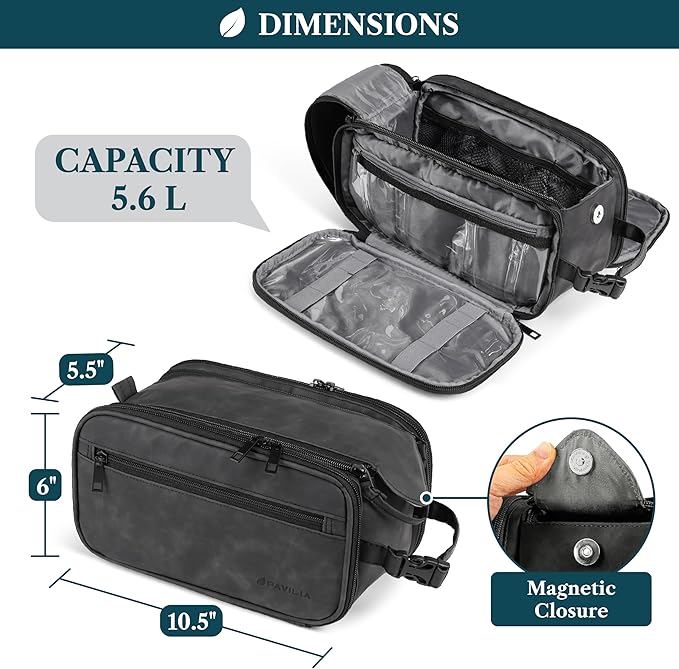 PAVILIA Toiletry Bag for Men, Hanging Travel Dopp Kit Organizer, PU Leather Water Resistant Bathroom Bag for Shaving Grooming, Large Capacity Cosmetic Bag Travel Essentials, Black