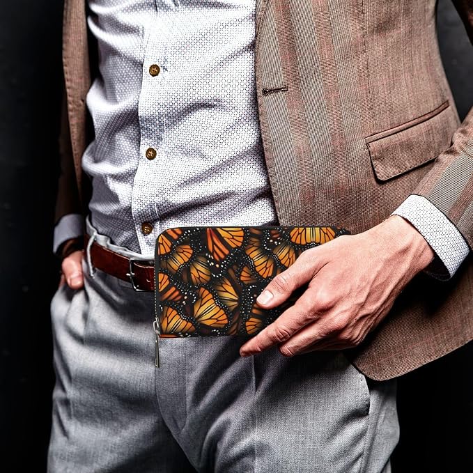 Orange Monarch Butterflies Wallet for Men Women Elegant Long Clutch Zip Around Travel Leather Coin Purse Large Capacity Credit Card Holder Handbag