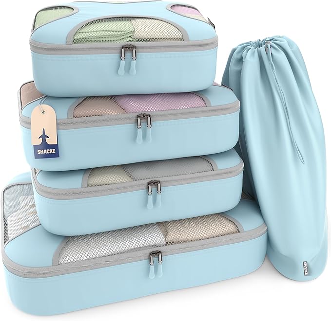Shacke Packing Cubes for Travel 5 Set - Premium Luggage Organizer Bags - Versatile Travel Organizer for Women and Men - Optimized Packing Bags - Travel Essentials (Sky Blue)