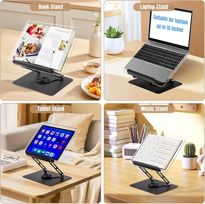 HAUTOCO Adjustable Acrylic Book Stand for Reading, 360° Rotating Base, Foldable Desktop Book Holder with Elastic Page Clips, Hands-Free Cookbook Stand for Laptop, Tablet, Recipe, Textbook, Music Score