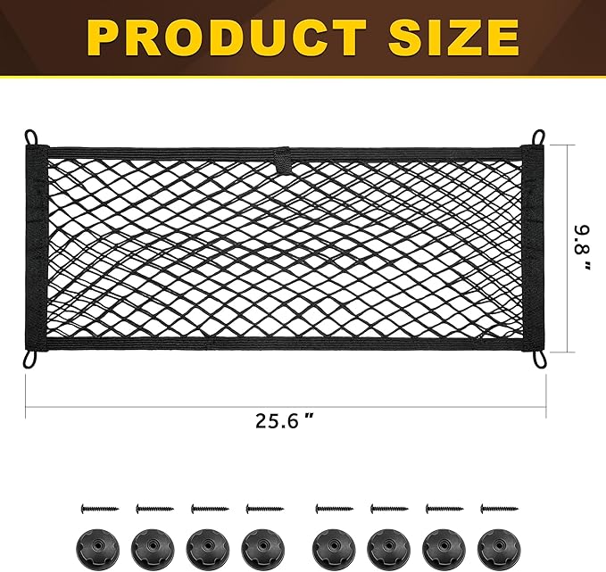 BUMBEE Mesh Cargo Net, Envelope Netting, Elastic Pocket Pouch Bungee Organizer for Car Seat Back RV Wall Trunk, Hooks & Screws Included(25.6'' x 9.8'')
