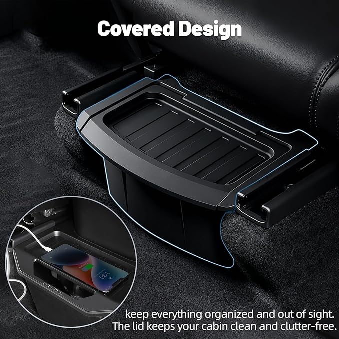Rear Center Console Organizer for Tesla Model Y Juniper 2025 2026, Backseat Storage Box Under Center Console Trash Can Bins with Anti-Slip Lid Cover, New Model Y Interior Accessories