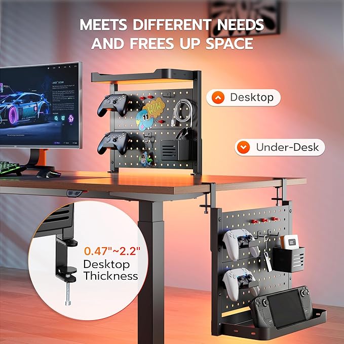 ARES WING Desk Clamp On Pegboard with 16 inches Organizer Shelf, Adjustable Above or Under Desk Storage Shelf Holds 44 lbs, Magnetic Metal Peg Board for Office and Gaming Accessories, Black