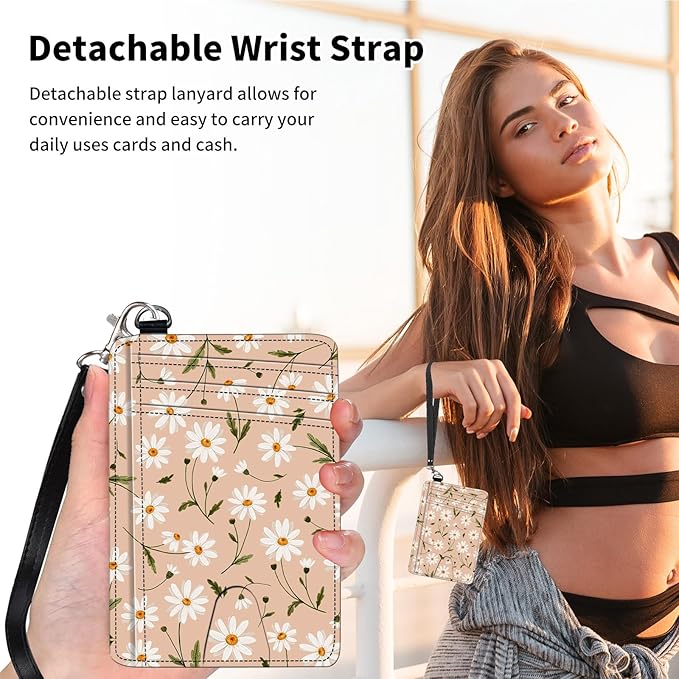 Slim Minimalist Front Pocket Wallet,Credit Card Holder Wallet for Women Men,RFID Blocking Credit Card Holder Case Leather Cute Small Thin Wallet ID Window&Wrist Strap,White Daisy Flower