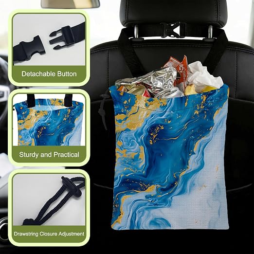 Car Trash Bag Abstract Blue Gold Fluid Marble Leak-Proof Waterproof Car Garbage Bag with Drawstring Foldable Canvas Trash Bin with Adjustable Buckle for Car Accessories