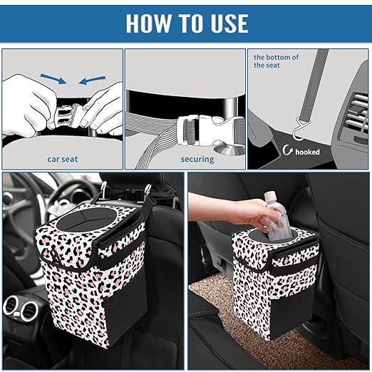Car Trash Can Cheetah Pink Black Leopard Print Wate-rproof Auto Garbage Bag Car Trash Can with Lid Leak-Proof Car Storage Bag Hanging for Headrest Collapsible and Portable with Storage Mesh Pocket