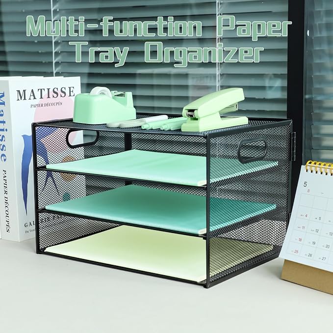 Paper Letter Tray with Handle, 3 Tier Metal Mesh Desk File Organizer, A4 Paper Desktop Filing Trays, Desk Tidy Magazine Document Holder for Home Office, Black