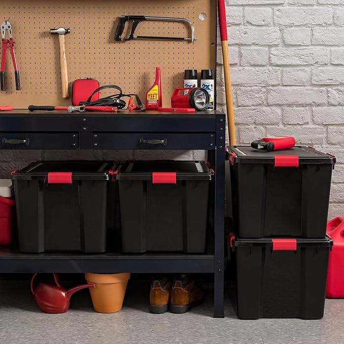 IRIS USA WeatherPro 74 Qt Storage Bins with Lids, 6 Pack, BPA-Free Plastic Gasket Box with Tight Latch and Seal, Stackable Nestable Tote Tub - Black/Red
