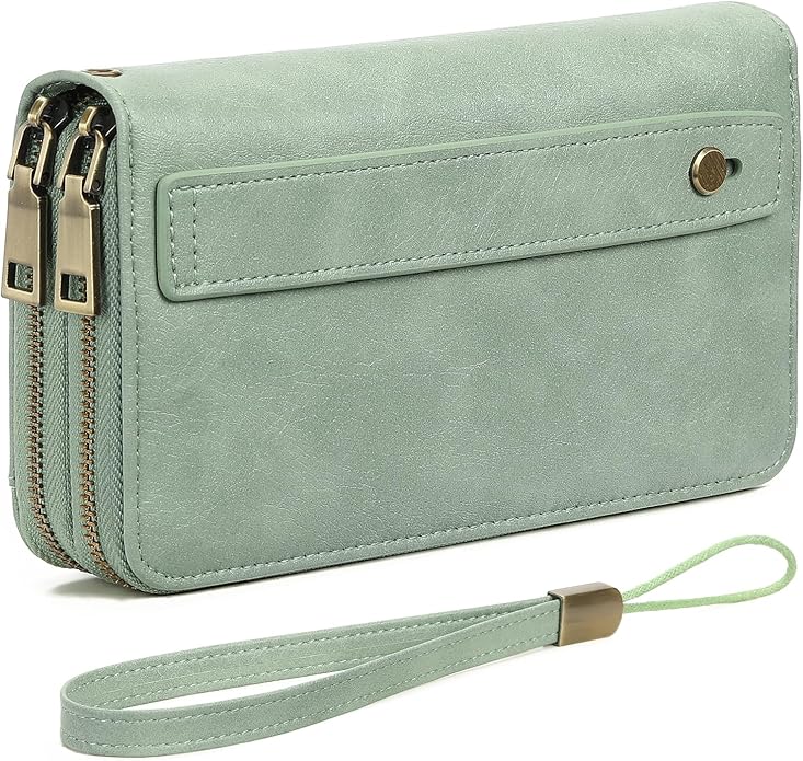 GAEKEAO Womens Wallet Large Capacity Double Zipper Ladies Card Phone Holder RFID Blocking Leather Clutch Wristlet Grip Strap