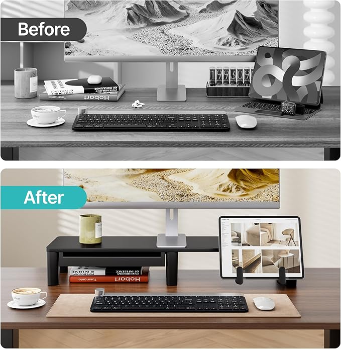 PEGZONE Monitor Stand Riser for Desk, Ergonomic Computer Riser with Storage Drawer, Desktop Shelf Organizer for PC, Laptop, Desk Computer Riser For Home Office