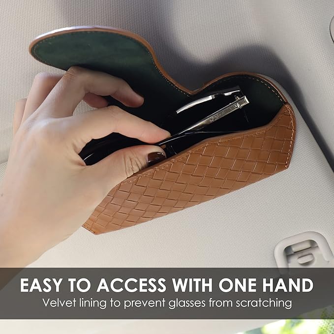 KINIVA Sunglasses Holder for Car Visor Leather Glasses Case with Clips for Car Visor Automotive Interior Visor Accessories Apply to All Car Models (09 Brown)