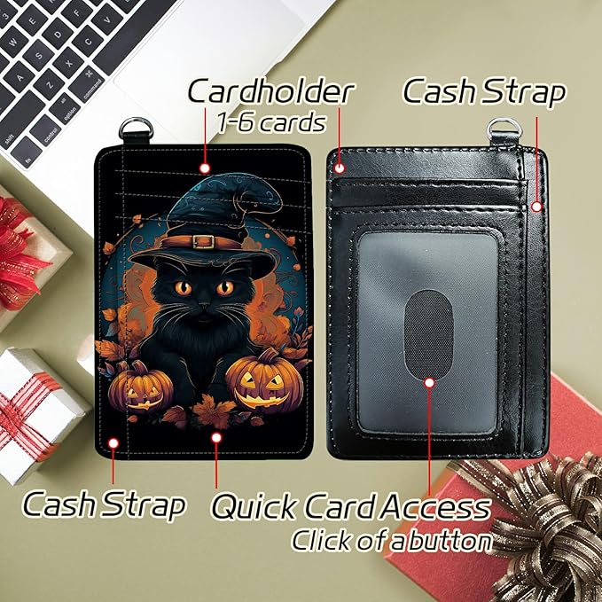 Small Travel Wallets, Black Cat Halloween Slim Minimalist Front Pocket Wallet with Wristlet, RFID Blocking PU Leather Credit Card Holder with ID Window Change Purse for Men Women