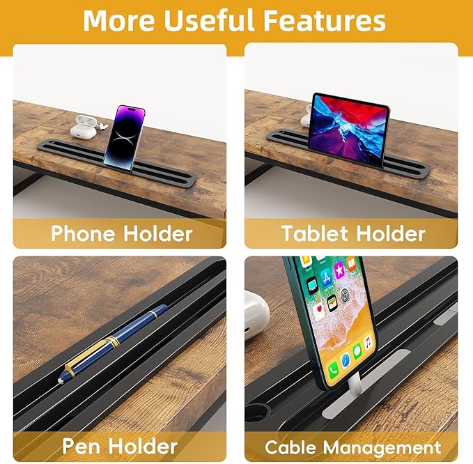 39 Inch Dual Monitor Stand Riser with 2 Drawers - Large Brown Wooden Computer Stand for 2 Monitors, Ergonomic Desk Organizer with Phone Holder, Desktop Storage for Laptop, Office Supplies, Home Office