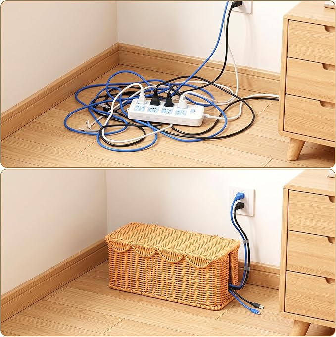 Large Rattan Cable Management Box, Handwoven Cord Hider Box with Lid, 2-Slot Under Desk Organizer for Power Strip, TV Wires, Computer Router & USB Hub, 11.8" x 5.1" x 5.1"