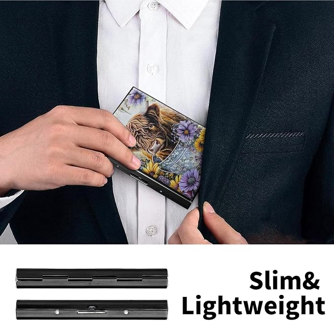 Metal Wallet, Credit Card Holder for Women Men Girls, RFID Blocking Aluminum Wallet Slim Hard Case, Mini Travel Wallet, ID Card Holder Business Card Case,Cow Art