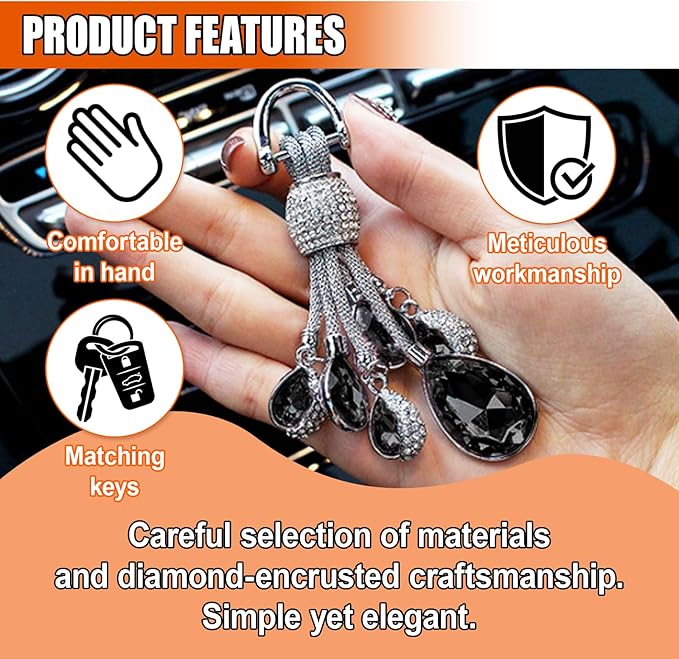 Bling Rhinestone Car Keychain, Fashion Auto Key Fob with Screwdriver, Vehicle Key Decoration Accessories for Woman (Black)