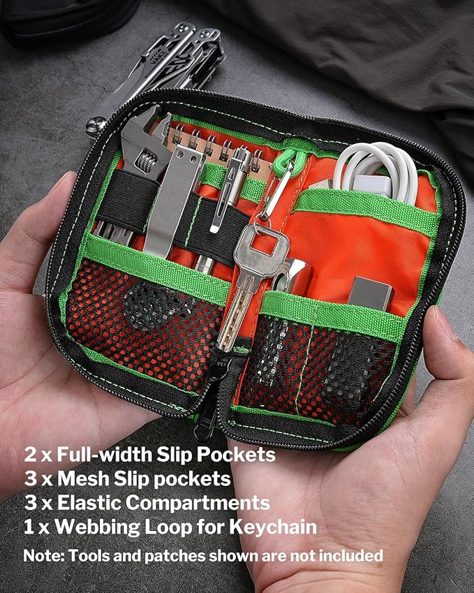 VIPERADE VE10 EDC Pouch Small Pocket Tool Pouch with 10 Compartments, Men's Pocket Organizer for Multitools, EDC Organizer with Patches Area for DIY (Green+Purple)