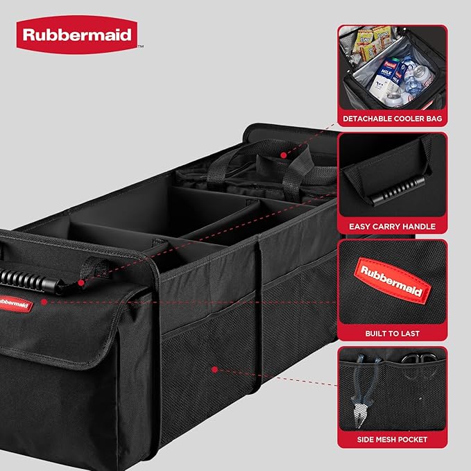 Rubbermaid Car Organizer, Collapsible Trunk Organizer with Removable Leakproof Cooler Bag without Lid, Multi-Compartment Car Storage Organization for Car Accessories, 5 Compartments Without Cover,