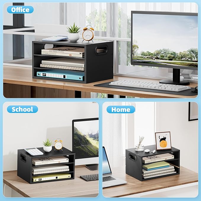 Marbrasse 3-Tier Wood Desk Organizer, Paper Letter Tray Organizer for Desk, Wooden Desktop File Organizer with Handle and Paper Sorter Mail Holder for Office School & Home Supplies Organization-Black