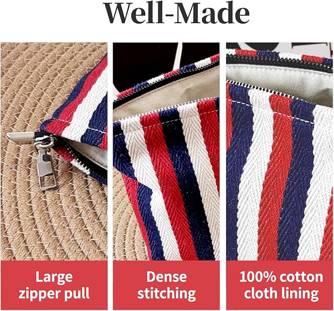 Color Striped Makeup Bag for Women, Canvas Cosmetic Bag with Zipper lining, Travel Makeup Pouch for Purse, Travel Pouch for Toiletry, Cosmetic, Sunscreen, Hygiene, Skincare, SPF, Medicine, Sunblock