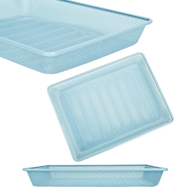 Office Metal Mesh Basket for Desk, Single Paper Tray Organizer, Turn in Trays Classroom, Flat Mail Letter Storage Basket for Office Home Drawers School (5, Blue)