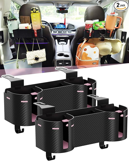 Car Headrest Backseat Cup Holder 3.7" with Organizer, High Capacity 4 in 1 Seat Back Organizer with Headrest Hooks, Multifunctional Storage for Car Travel Accessories Compatible with Most Vehicles