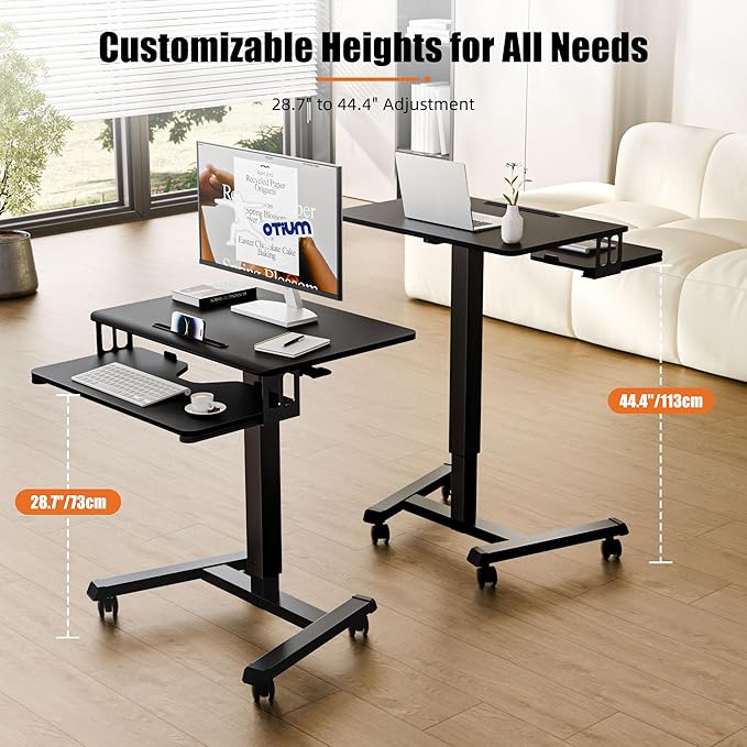 ERGOMAKER Mobile Standing Desk with Keyboard Tray, Gas Spring Rolling Desk with Lockable Wheels, Portable Laptop Desk, Adjustable Height Stand Up Desk, Computer Workstation Home Office, Black