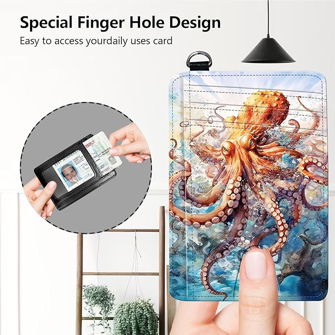 Slim RFID Blocking Card Holder Wallet with Wrist Strap - Minimalist Front Pocket Wallet, Octopus 02 Design, PU Leathe, for Men & Women, Ideal for Travel & Gifts