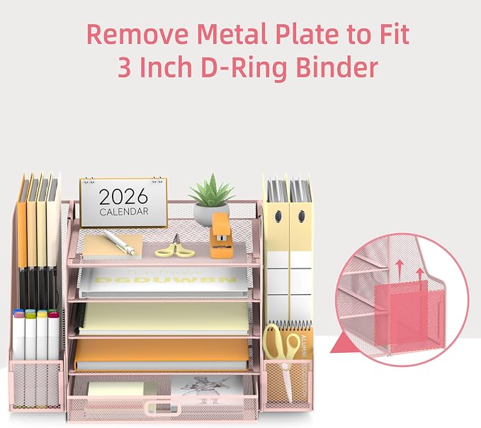SUPEASY Mesh Desk Organizer with File Holder, 5-Tier Paper Letter Tray Organizer with Magazine Holder, Desktop Organizer and Storage with Drawer for Office Supplies Home or School (Pink)