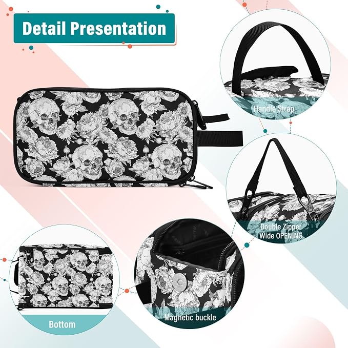 MNSRUU Travel Makeup Bag, Goth Skull Makeup Bag - Large Capacity Cosmetic Bag Organizer, Portable Toiletry Bag for Travel Size