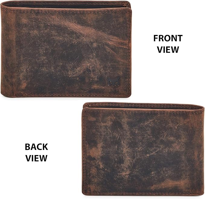 Real Leather Mens Bifold Wallet RFID Blocking Slim Minimalist Front Pocket - Thin & Stylish with ID Window in Gift Box (Crazy Horse, Cognac).