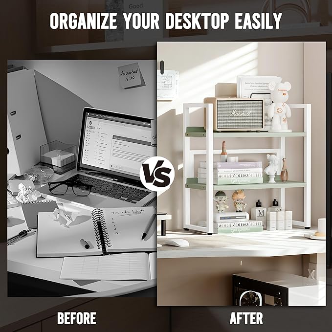 Brakki Desk Shelf Organizer, Adjustable 2 Tier Metal Desktop Shelves, Desktop Bookshelf Organization with Foot Mat, Multi-Functional Small Storage Rack for Office Dorm Home, White and Green