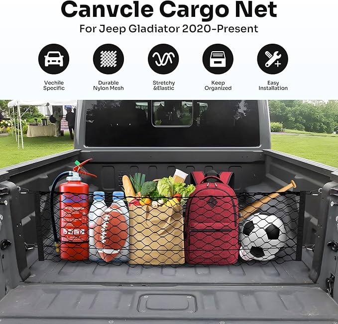 Canvcle Trunk Cargo Net for 2020-2026 Jeep Gladiator Accessories Envelope Style Mesh Trunk Net Organizer and Storage Stretchable Adjustable Elastic Nylon Rear Cargo Netting with Hooks