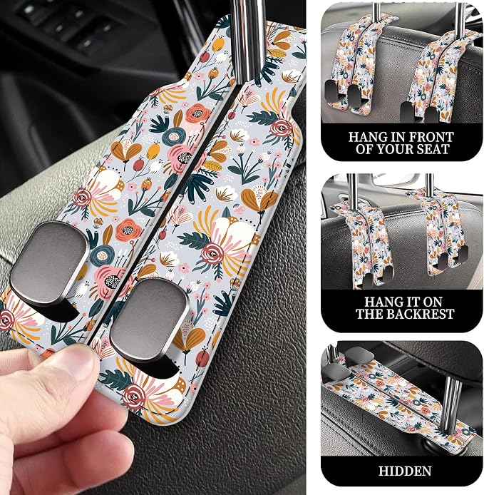 PU Leather Car Seat Hook, Storage Headrest Hanger, Cute Car Backseat Organizer, Car Hooks For Purses and Bags White Cute Floral