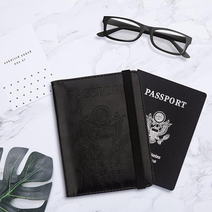 WALNEW Passport Holder for Travel, RFID Passport Cover Wallet for Women Men, PU Leather Passport Book Card Holder Case with Pen, Travelling Essentials for Flying