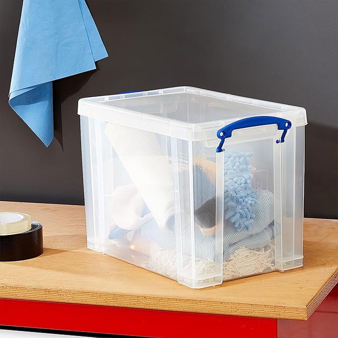 Really Useful Box 19 Liter Plastic Stackable Storage Container w/Snap Lid & Built-In Clip Lock Handles for Home & Office Organization, Clear (4 Pack)