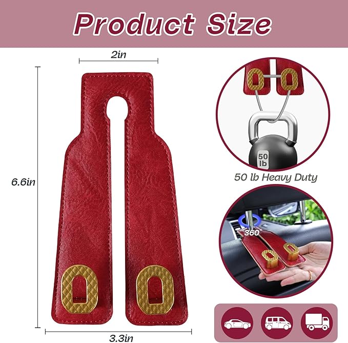Car Headrest Hooks Universal Car Purse Twin Hook Premium Red Leather and Golden Alloy Seat Back Storage Hanger for Purse Bags Cloth Drink Durable Holder Automotive Accessories