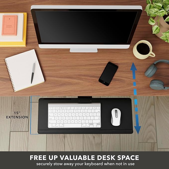 Mount-It! Under Desk Keyboard Tray, Adjustable Slide-Out Keyboard & Mouse Platform, 26.38" W × 10" D, Ergonomic Wrist Rest, Height Tilt & Swivel, Heavy-Duty Bolt-On Keyboard Drawer for Home Office