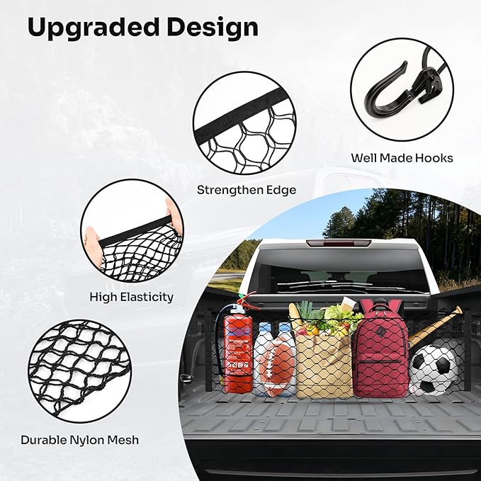 Canvcle Truck Bed Cargo Net for 2019-2025 2026 GMC Sierra 1500/2020-2026 Chevy Silverado 2500 3500 Accessories Envelope Style Mesh Trunk Net Organizer and Storage Stretchable Nylon Rear Cargo Netting
