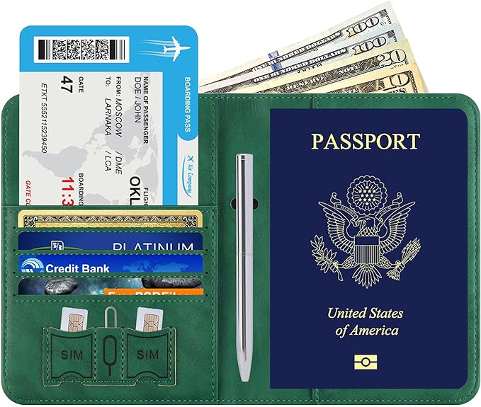 Airtag Passport Holder for Travel Essentials Wallet Rfid Blocking Cover Leather Case Vacation Travel Accessories for Women Men (601#Green)