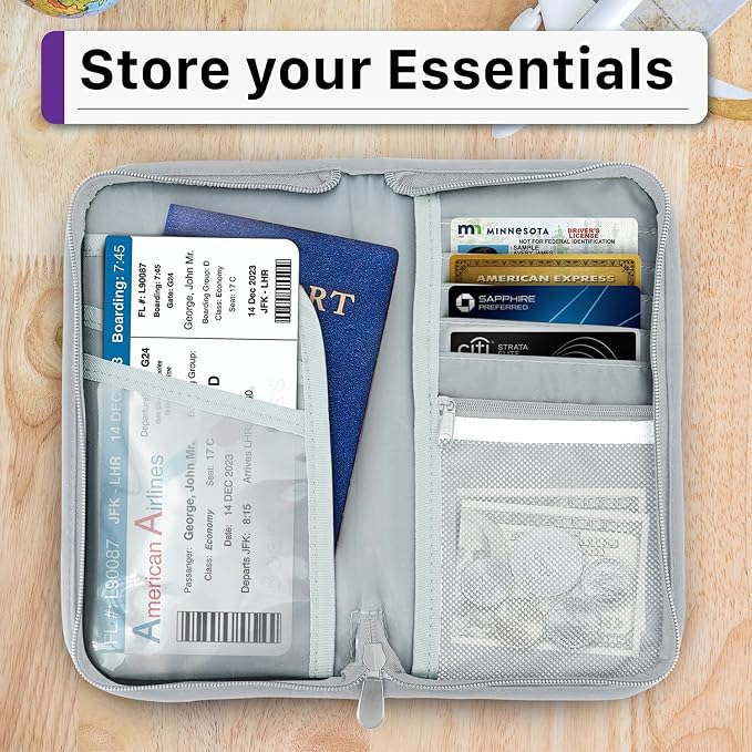 Fosmon Passport Bag, RFID Blocking Travel Document Organizer, Gray | Polyester material, slim RFID-blocking wallet, compact 9.8x1x5.5 inches, for airplane travel, unisex, gray.