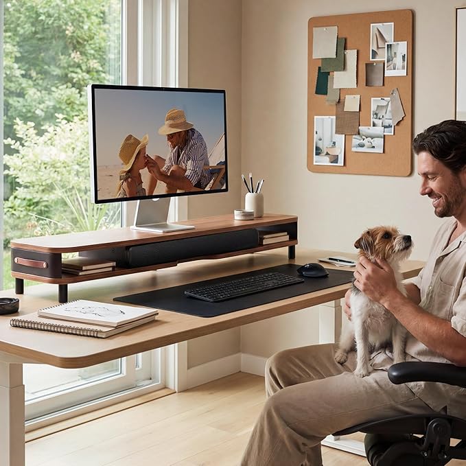 Fenge Monitor Stand with Large Drawer, 42.5 Inch Dual Monitor Riser for 2 Monitors, Ergonomic Computer Desk Shelf with Soft Touch Leather & Storage Organizer for Laptop, Computer, TV, PC, Printers