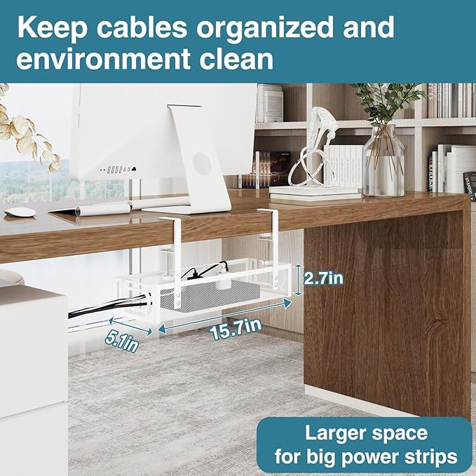 No Drill Under Desk Cable Management Tray, SONATURE 15.7" Cord Organizer for Table, Clamp Mount Desk Cable Management, Premium Carbon Steel Cable Organizer for Office, Home (White)